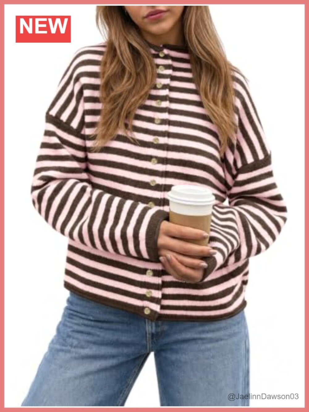 Striped Mock Neck Button Down Cardigan Sweater Loose Fit Fall Winter Layering